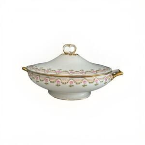 Oval Covered Serving Bowl lid Limoges Wm Guerin GUE19 Pink Roses Antique Gold